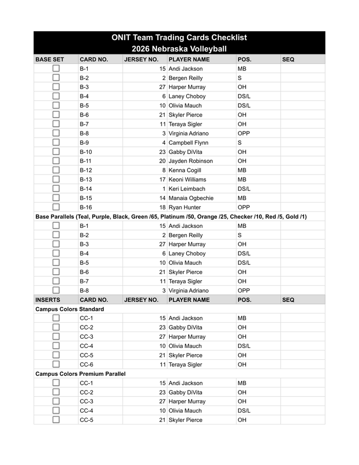 Nebraska Volleyball 2026 Checklist