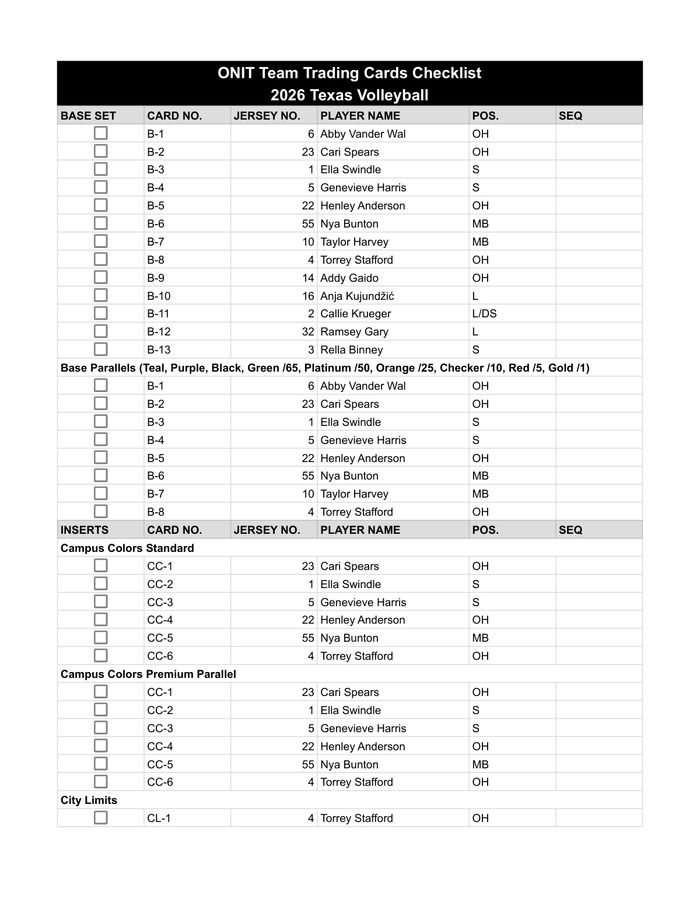 Texas Volleyball 2026 Checklist